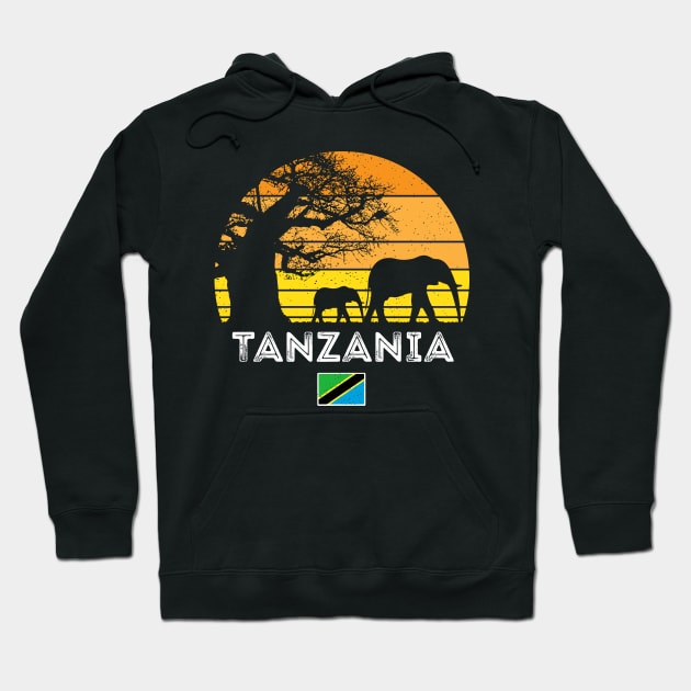 Tanzania Elephant Safari Vintage Sunset Baobab Africa Flag Hoodie by BraaiNinja